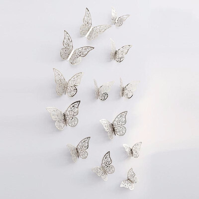 

12pcsset 3D Butterfly Wall Stickers Removable Mural Stickers DIY Art Wall Decals Decor with Glue for Bedroom Wedding Party--Silve