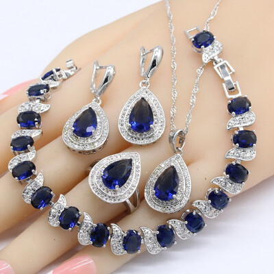 

Jewelry Sets For Women 925 Silver Logo Wedding Dark Blue Sapphire Bracelet Earrings Necklace Pendant Rings