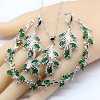 

Green Crystal 925 Silver Jewelry Sets For Women Party Wedding 4PCS Bracelet Earrings Necklace Pendant Rings