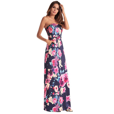 

Woman Fashion Boho Maxi floral Print Dresses ladies sexy strapless Summer Sundress party Vestidos Beachwear robes