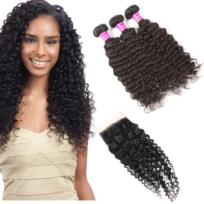 

Glary Malaysian Deep Wave Hair With Closure Can Be Dyed Human Hair Bundles with Closure 3 Bundles with Free Part Hair Extensions