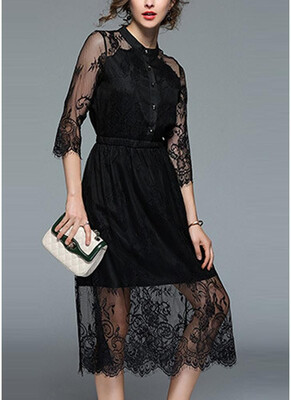 

Lace Splice Half Sleeves Elastic Waist Button Party Midi Dress Homecoming Dress