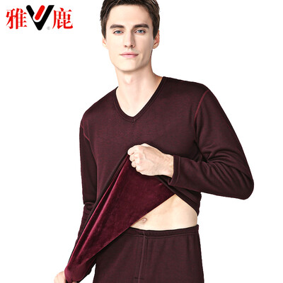 

Yalu thermal underwear men thickening plus velvet autumn clothes long pants suit de velvet thick warm underwear lovers suit male V-neck wine red