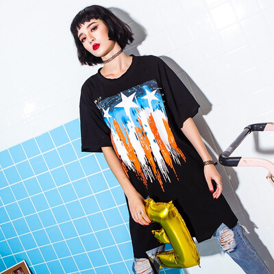 

New T-shirt Female Hole O-neck Long Loose Wild Printing T-shirt Plus Size Female Short Sleeves Loose T-shirt