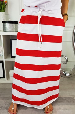 

Women High Waist Striped Print Drawstring Skirt Long Stretchy Dress Casual Party
