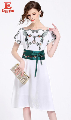 

S M L XL XXL elegant new summer 2018 women dress short sleeve white digital animal bird embroidery vintage with green belt midi