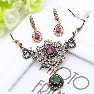 

New Turkish Wedding Vintage Jewelry Sets Gray Crystal Drop Earring Flower Charm Necklace Antique Gold Color Bohemia Party Bijoux