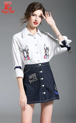 

S M L XL casual new summer 2018 women dress half sleeve two piece clothes set blue white blouse&skirt cartoon lady