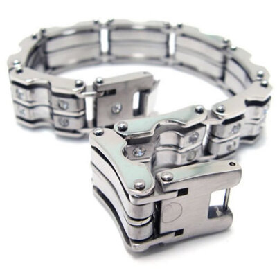 

Hpolw Mens silver Investment Casting Stainless Steel Heavy Bicycle Chain Motor Cubic Zirconia Bolt buttoned crystal Bracelet