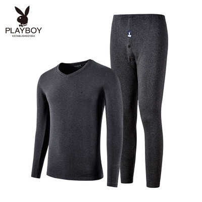 

Playboy Mens Thermal Underwear Set V-neck Basic Thermal Underwear Mens Thick Autumn Clothes Long Pants Set Light Gray V-neck