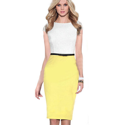 

New Womens Style Lace Splicing Cap Sleeve Ladies OL Party Evening Dress With Belt