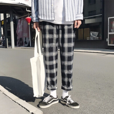 

Women Harajuku Plaid Striped Harem Pants Elastic Waist Bf Style Girls Plus Size Loose Casual Trousers Pantalones