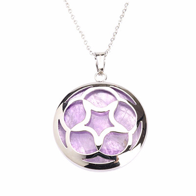 

Round Camellia Flower Purple Quartz Crystal Pendant Stainless Steel Necklaces 17"