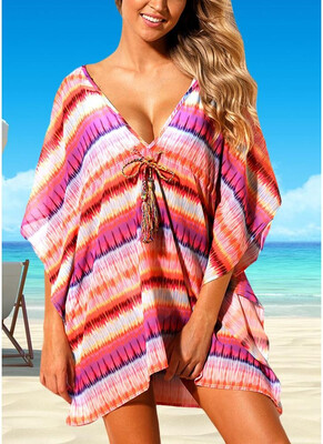 

2018 Women Beach Cover Up Dress Bohemian Geometric Print V-Neck Loose Swimwear