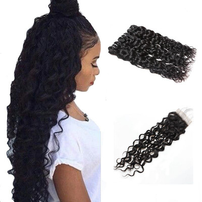 

Необработанная бразильская водная волна Virgin Hair 3 комплекта с закрытием бразильских волос Virgin с застежкой кружева Ishow Hair Products