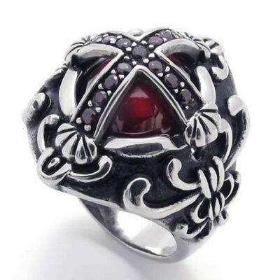 

Hpolw Vintage Stainless Steel Cubic Zirconia Cross Biker Mens Ring Red Silver