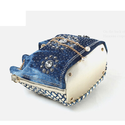 

New brand bucket bag women diamond rhinestone clutches denim bags women knitting shoulder messenger bags gold chain handbag