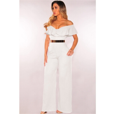 

New Fashion Women Sexy Strapless Jumpsuit Falbala Neckline Solid Color Off Shoulder Casual Jumpsuit