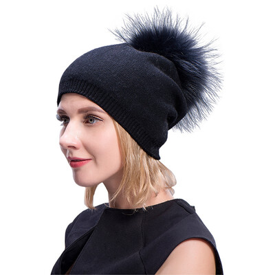

MsMinShu Cashmere Hats For Women Pompom Beanies Fur Hat Female Warm Caps With Real Raccoon Fur Pompom Bobble Hat Adult