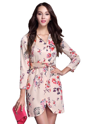 

Floral V Neck 3/4 Sleeves Mini Dress With Back Zipper