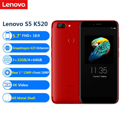 

Lenovo S5 K520 LTE Face ID 57" FHD 189 4G64G Snapdragon625 Octacore Dual Rear 13MP Front 16MP 4K Video