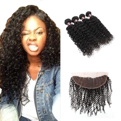 

Ishow 7A Brazilian Kinky Curly Hair Bundles With Frontal 100 Human Hair Weave 4 Bundle Deals Lace Frontal Closure With Bundles
