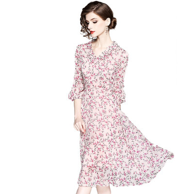 

QUZIHUA 2018 New Summer Pink Print V-Neck A-Line Knee-Length Lantern Sleeve Chiffon Dress