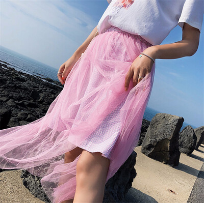 

Elastic Waist Mesh Perspective Midi Skirts Women Elegant Sweet High Waist Party Kwaii Skirts Faldas Mujer Saias