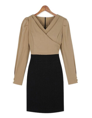 

Europe Elegant Ladies V Collar Long Sleeve Fitted Business Shirt Dress
