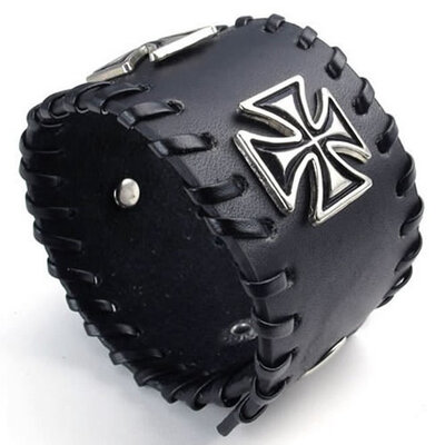 

hpolw широкий кожаный креста mens бэнгл наручники браслет, панк - рок, соответствует 7 "8", черный серебра