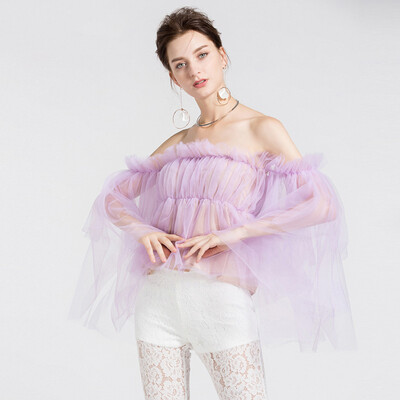 

Mesh Shirt For Women Slash Neck Off Shoulder Strapless Flare Sleeve Ruched Short Blouse 2018 Summer Sexy Clothing