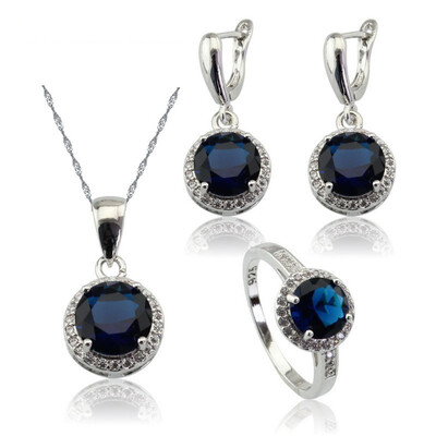 

Round Blue Stone Silver Plated Jewelry Sets for Women Necklace Ring Dangle Earrings Free Jewelry Box