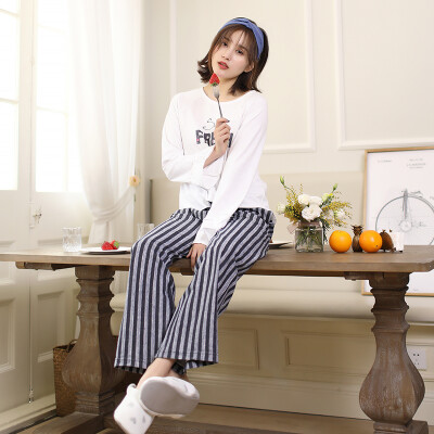 

Haizhining 17W46 pajamas ladies princess wind striped letters long-sleeved trousers home service suits girls home clothes two-piece can be worn outside blue&white 170