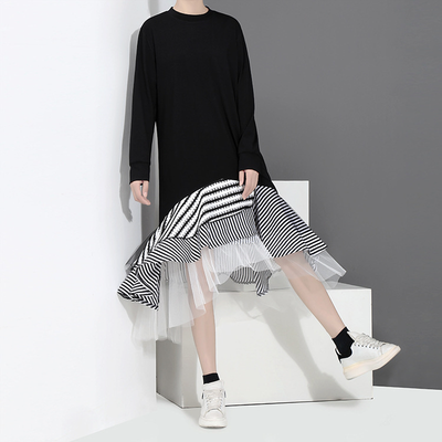 

QUZIHUA 2018 New Arrival Fashion Black Long Sleeve Pathwork Mesh Asymmetrical Spring Midi Women Dress