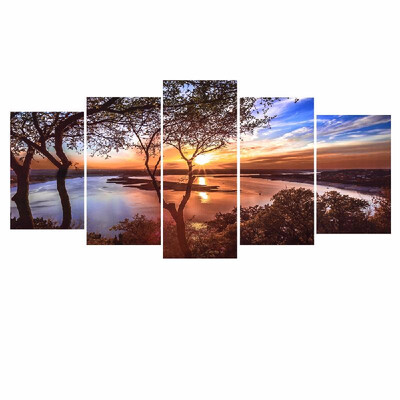 

HD Printed 5 Panel Unframed Sunset Landscape Pattern Canvas Painting Wall Art Modular Pictures Decor for Home Living Room Bedroom