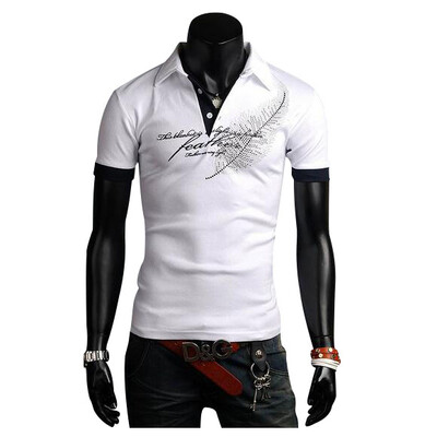 

Zogaa Mens Polo Shirt Feather Printing Slim Lapel