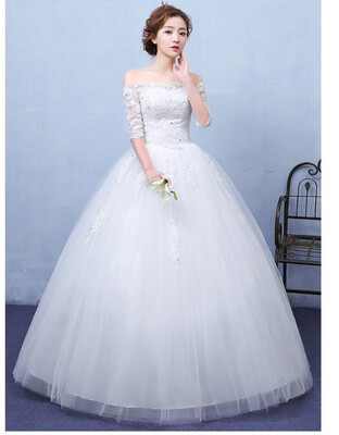 

Ball Gown OFF the Shoulder Floor Length Satin Tulle Wedding Dress with Flower by Embroidered bridal