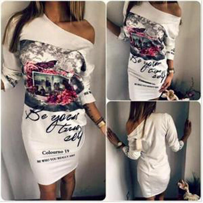 

Charms White Summer Dress Womans Halter Style Skirt Fashion Letter Printed Evening Dress
