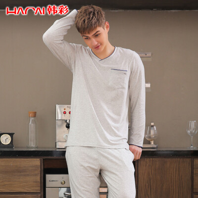 

Han Cai HACAI pajamas mens long sleeve modal cotton V-neck solid color mens fashion suit light gray 185110 3XL