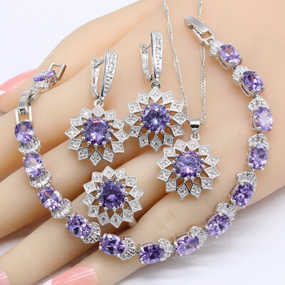 

Purple Amethyst White Topaz 925 Silver Jewelry Sets For Women Necklace Pendant Earrings Rings Bracelets