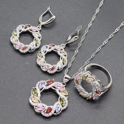 

Circle Blue&Green Stone Bridal Jewelry Sets For Women Necklace Dangle Drop Earrings Ring Free Gift Box
