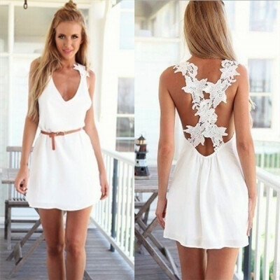 

2018 Spring&Summer Hot Style Women Fashion White Beach Dresses Backless Lace Sleeveless Dress Plus Size S-3XL