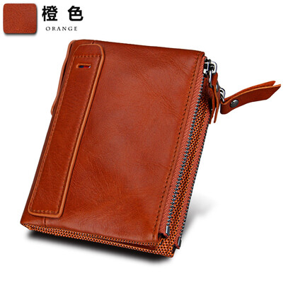 

Crazy Horse Leather Mens Wallet Leather Short Anti-RFID Pirate Brush Mens Wallet Double Zip Wallet