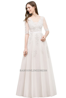 

Half Sleeves Lace Evening Dresses Backless Applique Long Party Dresses 2018