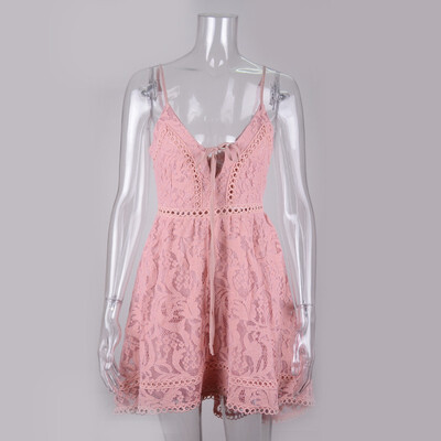 

PREISEI New Summer Women Sling Dress High Waist Sexy Slashes Irregular Lace Hollow Sleeveless A-line Dress PR17312