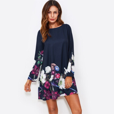 

2018 Women Summer Flower Print Above Knee Long Sleeve Dress Casual Navy Neck Long Sleeve A Line Dress