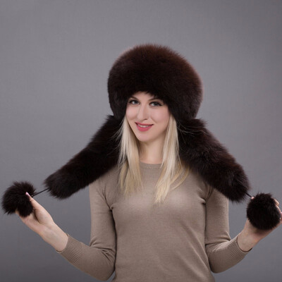 

2018 Real Fox Fur Hat Bomber with Rabbit Fur Top Pompon Fall Winter Womens New Ear Hat Russian Outdoor Warm HHY 17-19