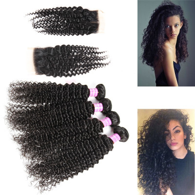 

Glary Malaysian Hair Bundles with Closure Kinky Curly Weaves 100 Unprocessed Virgin Human Hair Wefts 4 Bundles Natural Color