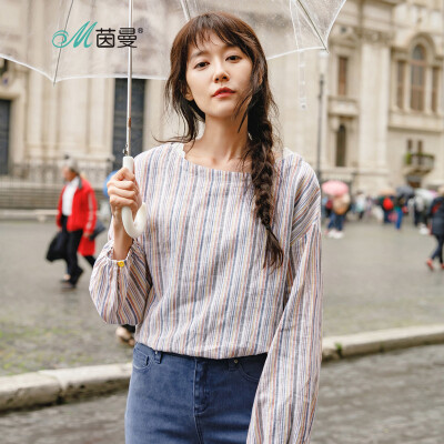 

INMAN 2018 autumn new literary cotton&linen lace stitching boat collar striped long-sleeved shirt female 18830VP11014 ginger yellow M