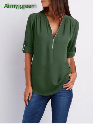 

Women Deep V Neck Ladies Fashion Casual 34 Sleeves Tops Sexy Zipper Pullover Plus Size T-Shirt Summer Loose Top Long Shirt Chiffo